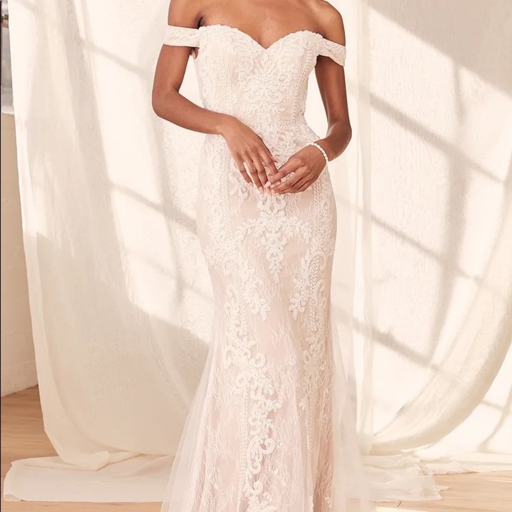 Promised Love White Beaded Lace Off-the-Shoulder Maxi Dress. Wedding dress.